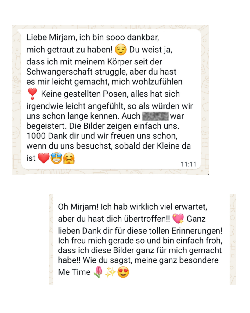 Bewertung von glücklichen Müttern von ihrem Babybauchshooting